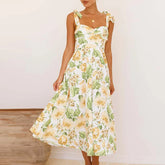 LIZAKOSHT  -  Fashion Floral Print High Waist Long Dress Casual Women Off Shoulder Pleated Beach Dress Sexy Sleeveless Holiday Suspender Dress